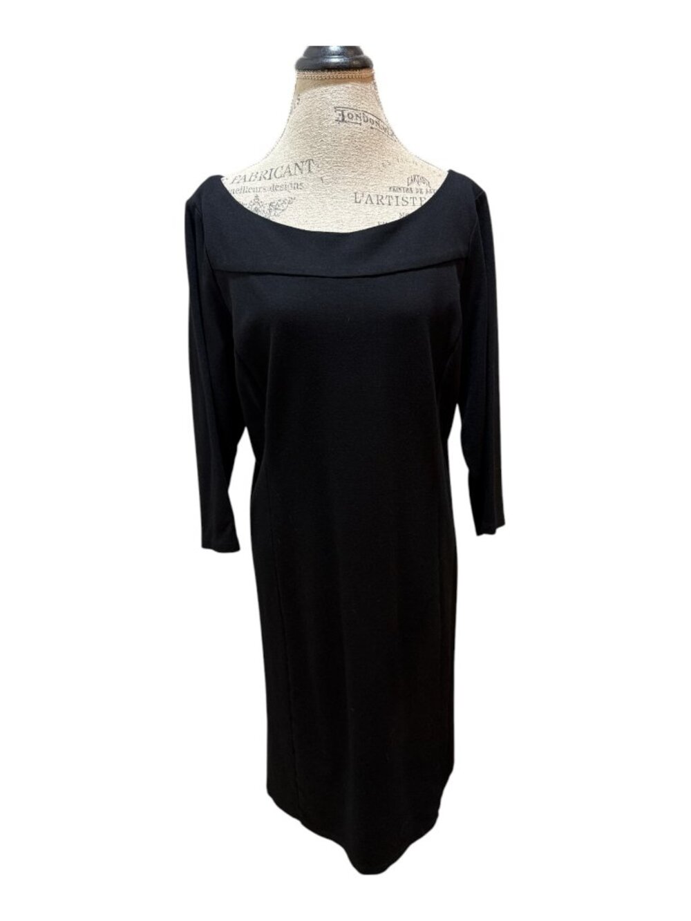 Eileen Fisher Sz XL Black Boat Neck 3/4 Sleeve Ponte Midi Shift Dress - Classic